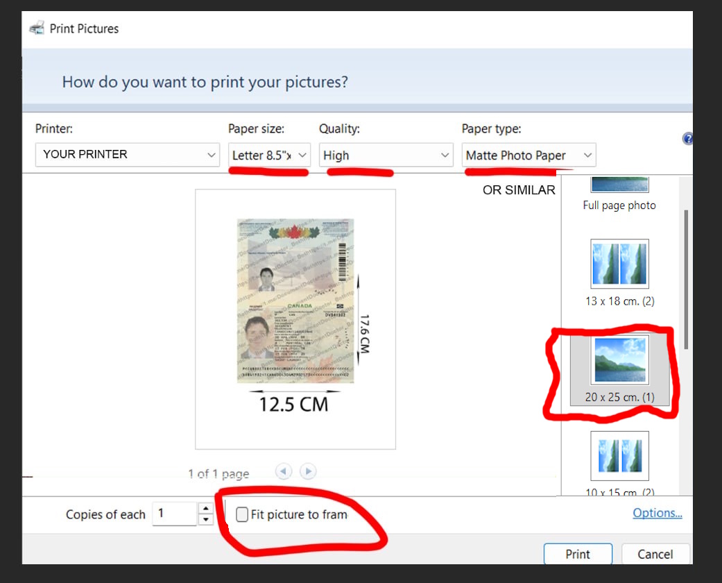 Print Pictures dialog with paper size, quality, paper type and Fit picture to frame circled